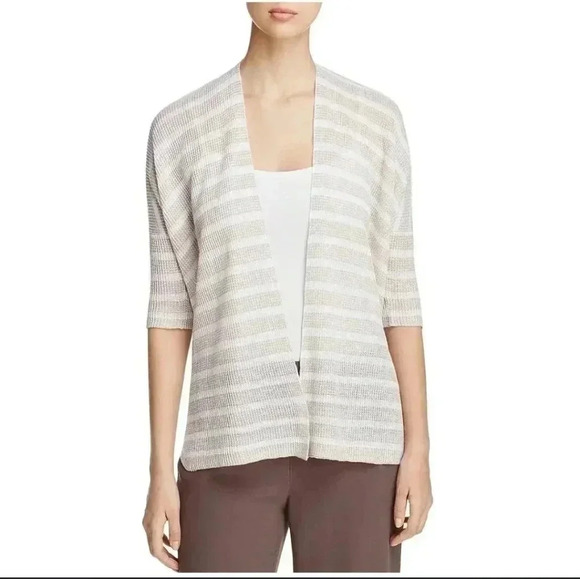 Eileen Fisher Organic Linen Striped Cardigan, Women's, Size: L-xl, Beige - Picture 1 of 6